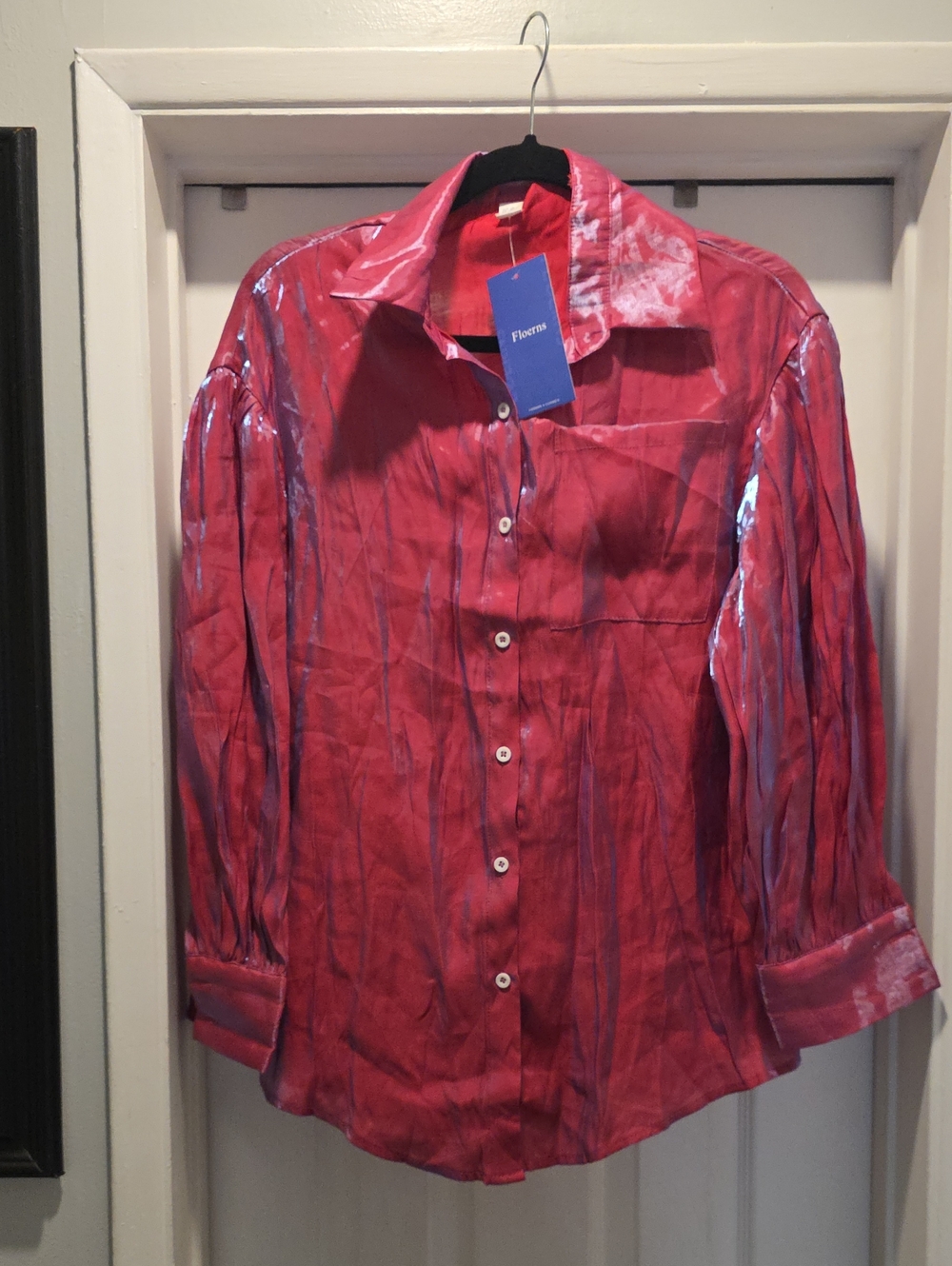 Shinny Pink Striped Button-Down Blouse